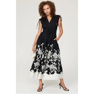 Derek Lam 10 Crosby Fama Dress Black Gray Floral Sleeveless V-Neck Midi Sz 4‎